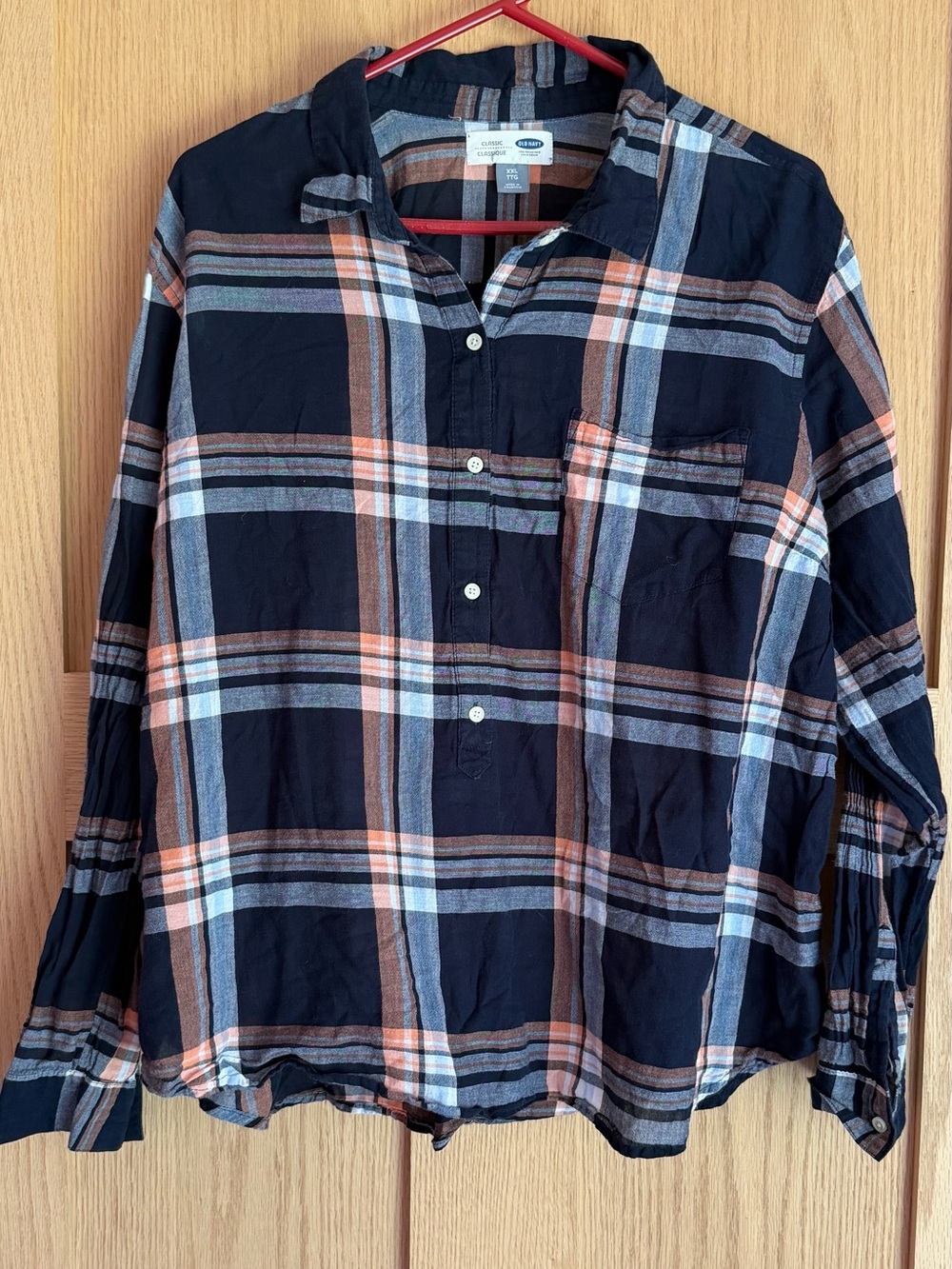 Old Navy Black, Orange & White Plaid Button-Front Shirt